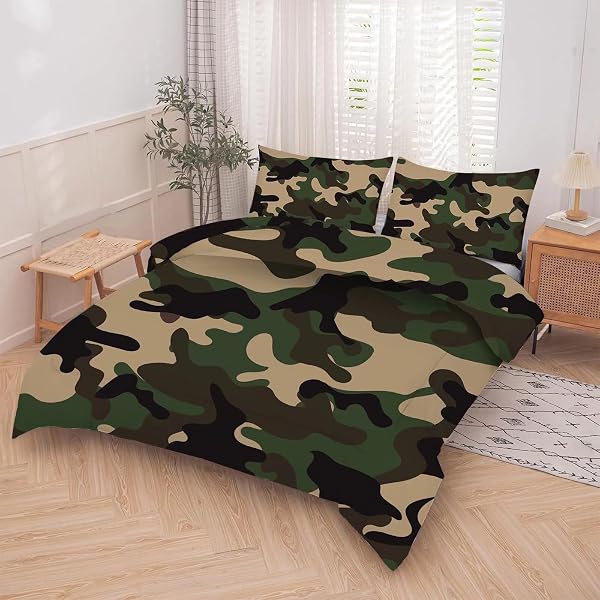 KXRY GREEN CAMOUFLAGE COMFORTER SET FULL SIZE CAMO BEDDING SET FOR KIDS TEENS BOYS SOFT BEDROOM DECOR FOR ALL SEASONS WITH 1 COMFORTER AND 2 PILLOWCASES