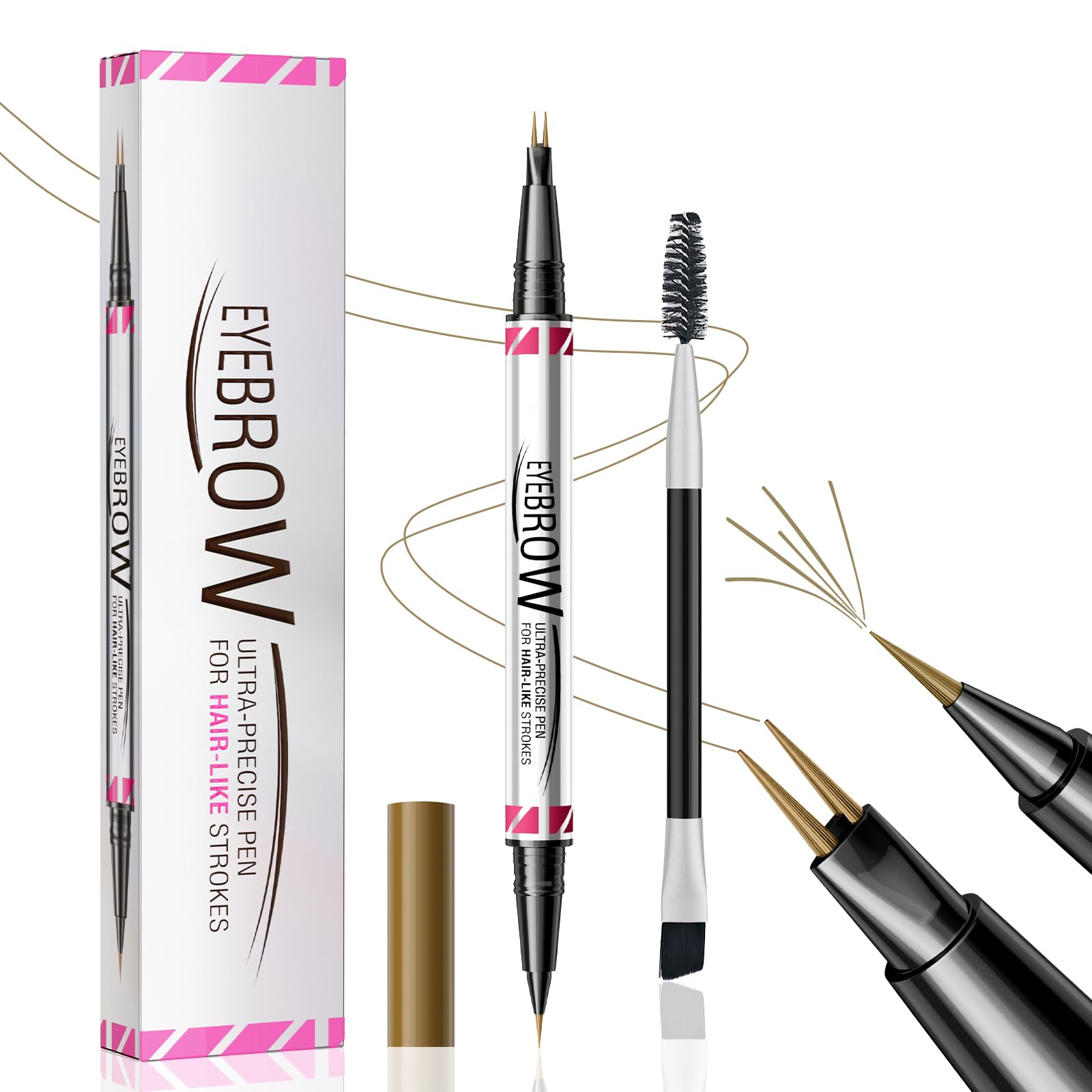 Microblading Eyebrow Pen, Dual Ended Eyebrow Pencil with 2 Micro-Fork-Tip, 3D Waterproof Smudgeproof Eye Brow Pencil with Brow Brush, Liquid Brow Pencil Creates Natural Hair-Like Brows (Light Brown)