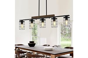 LmnLvn Dining Room Light Fixture/Chandelier Over Table, 36.2-Inch Hanging for Farmhouse Linear Chandeliers,5-Light Kitchen Island Lighting, Black Rustic Wooden Ceiling Chandelier,with Metal lampshade