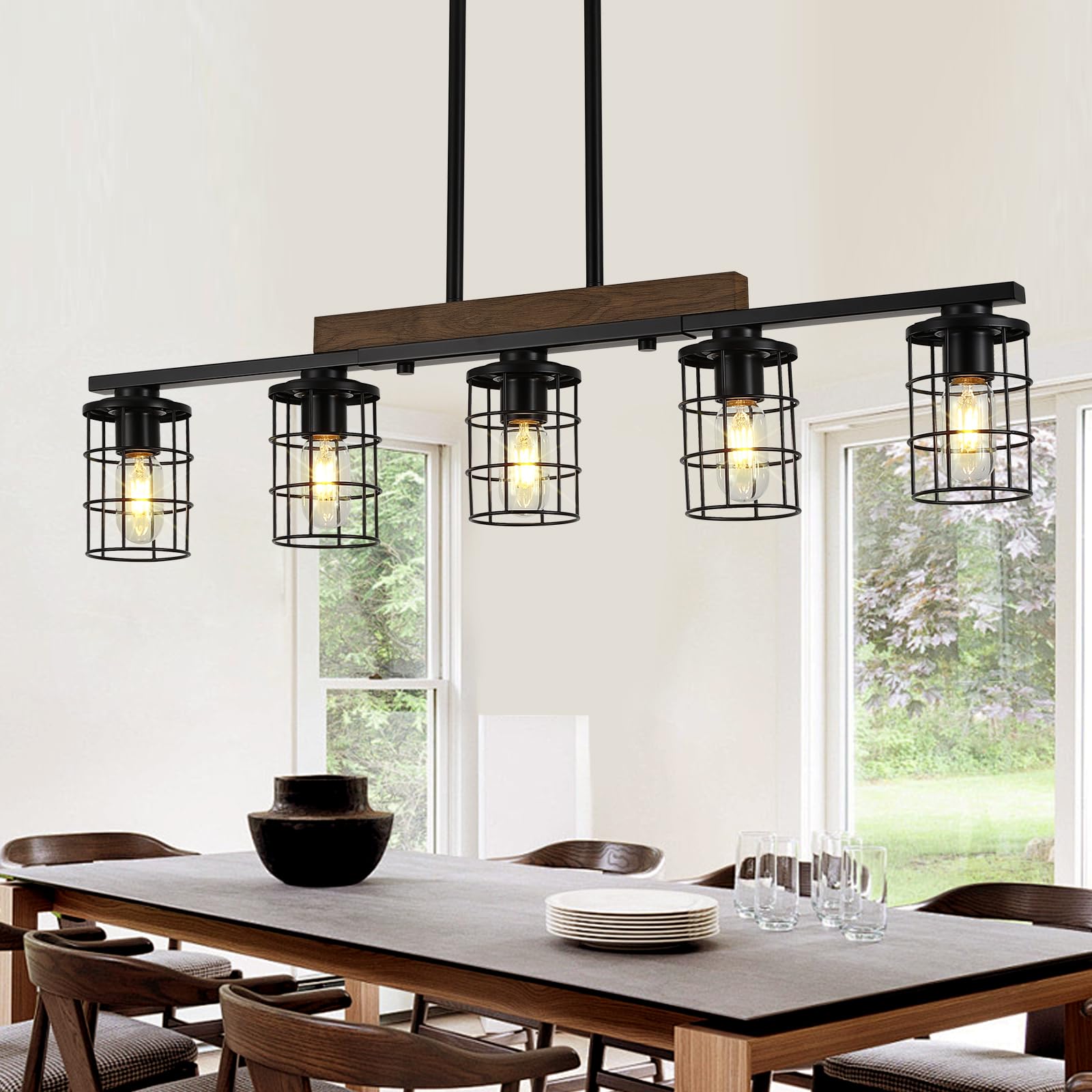Photo 1 of Dining Room Light Fixture/Chandelier Over Table, 36.2-Inch Hanging for Farmhouse Linear Chandeliers,5-Light Kitchen Island Lighting, Black Rustic Wooden Ceiling Chandelier,with Metal lampshade