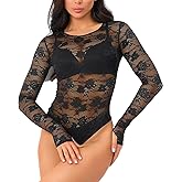 NewBull Women’s Lace Bodysuit Long Sleeve Sheer Tops High Cut Waist Body Suits Mock Neck Lingerie Button Crotch Shirt Outfit
