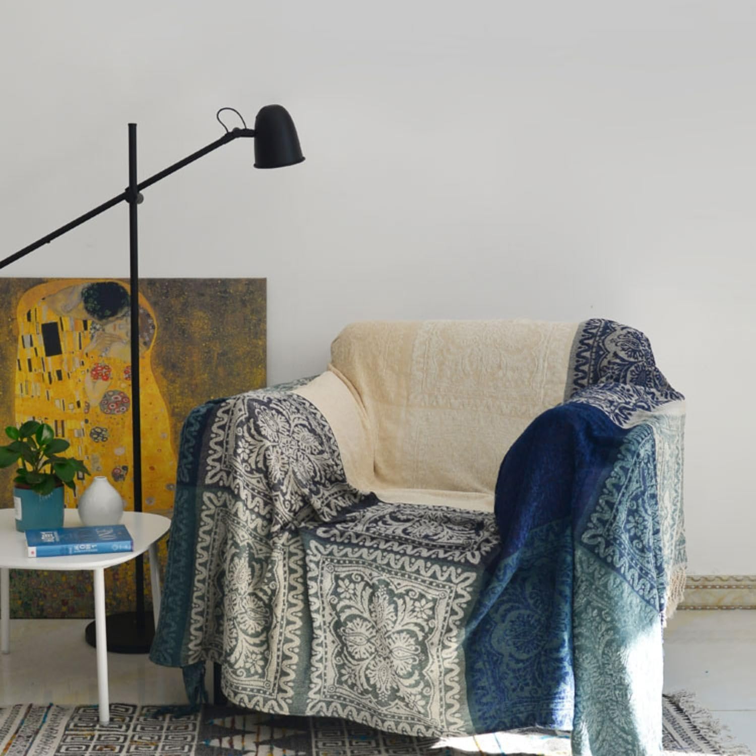 ele ELEOPTION Chenille Throw Blanket, Jacquard Tassels Throw Blanket Sofa Chair Cover Decorative for Bed Couch Soft Chair, Folk Tribal Pattern (Khaki, 150 x 190 CM)