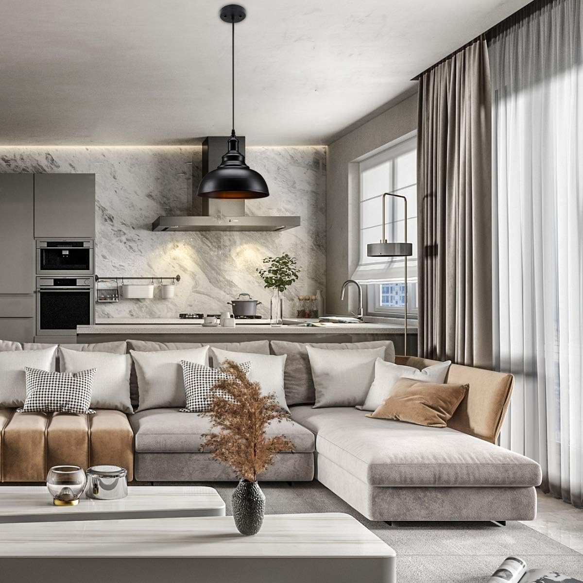 Industrial Pendant Lighting 1 Pack, Matte Black Metal Barn Vintage Farmhouse Style Kitchen Hanging Light Fixture for Kitchen Dining Room - - 