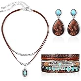 Misdary 3 Pcs Rustic Western Jewelry for Women Cowgirl Jewelry Set Turquoise Necklace Earrings Cuff Bangle Bohemian Bracelet for Women