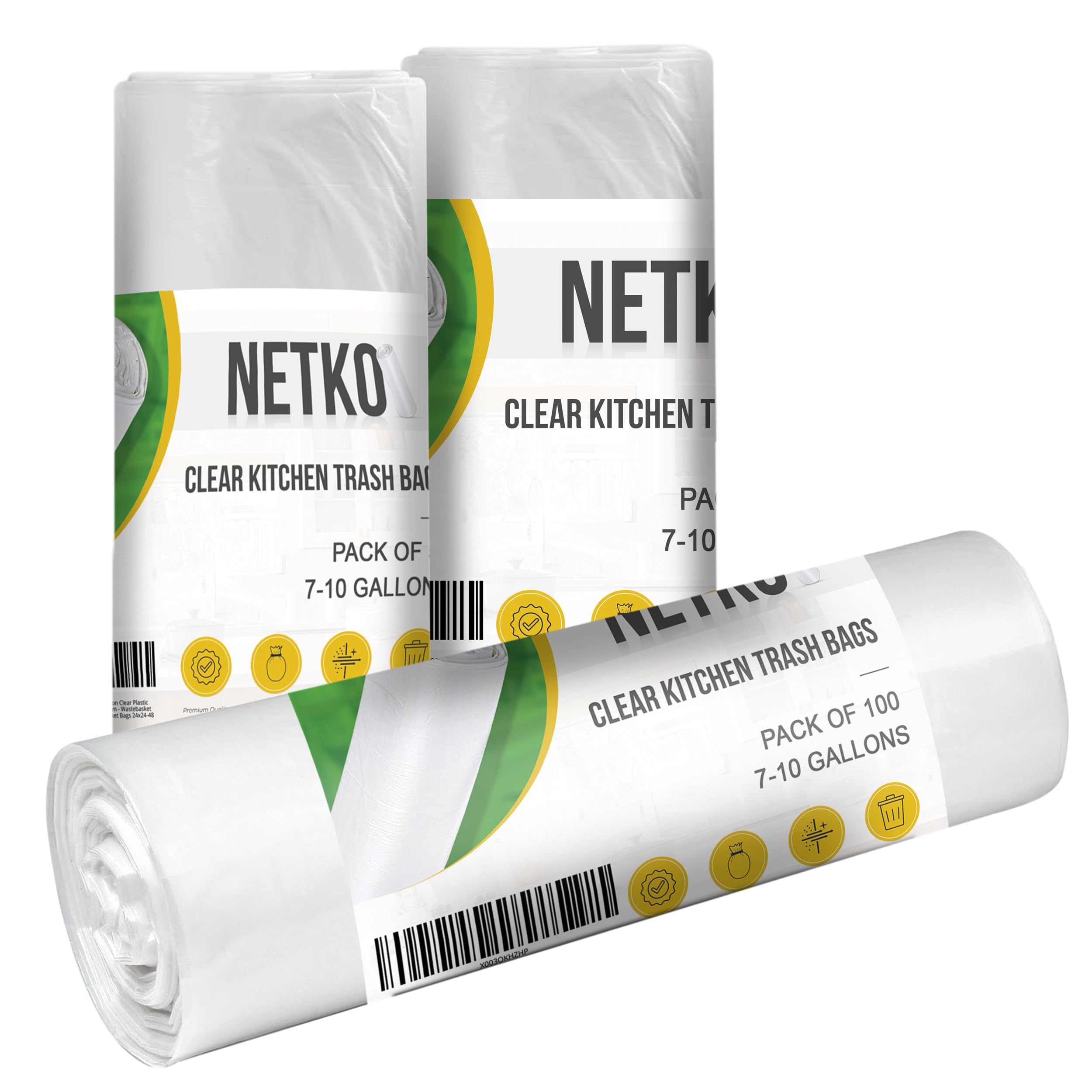 Photo 1 of ***only 1 roll***NETKO Clear Kitchen Trash Bags 7-10 Gallon Clear Plastic Garbage Bag for Kitchen, Home, Office, Bathroom - Wastebasket Bin Liners - High Density, Leak-Proof Waste Basket Bags - 100 Pack