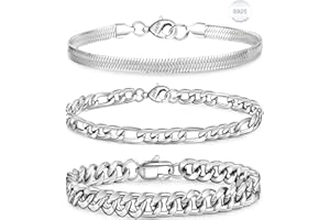WEDDINEN 3 Pc Chain Bracelet for Men Women, S925 Sterling Silver Cuban Herringbone Figaro Link Chain Wrist Bracelets Set Jewelry Gifts, 6/6.7/7.5/8.3/9.0 Inches