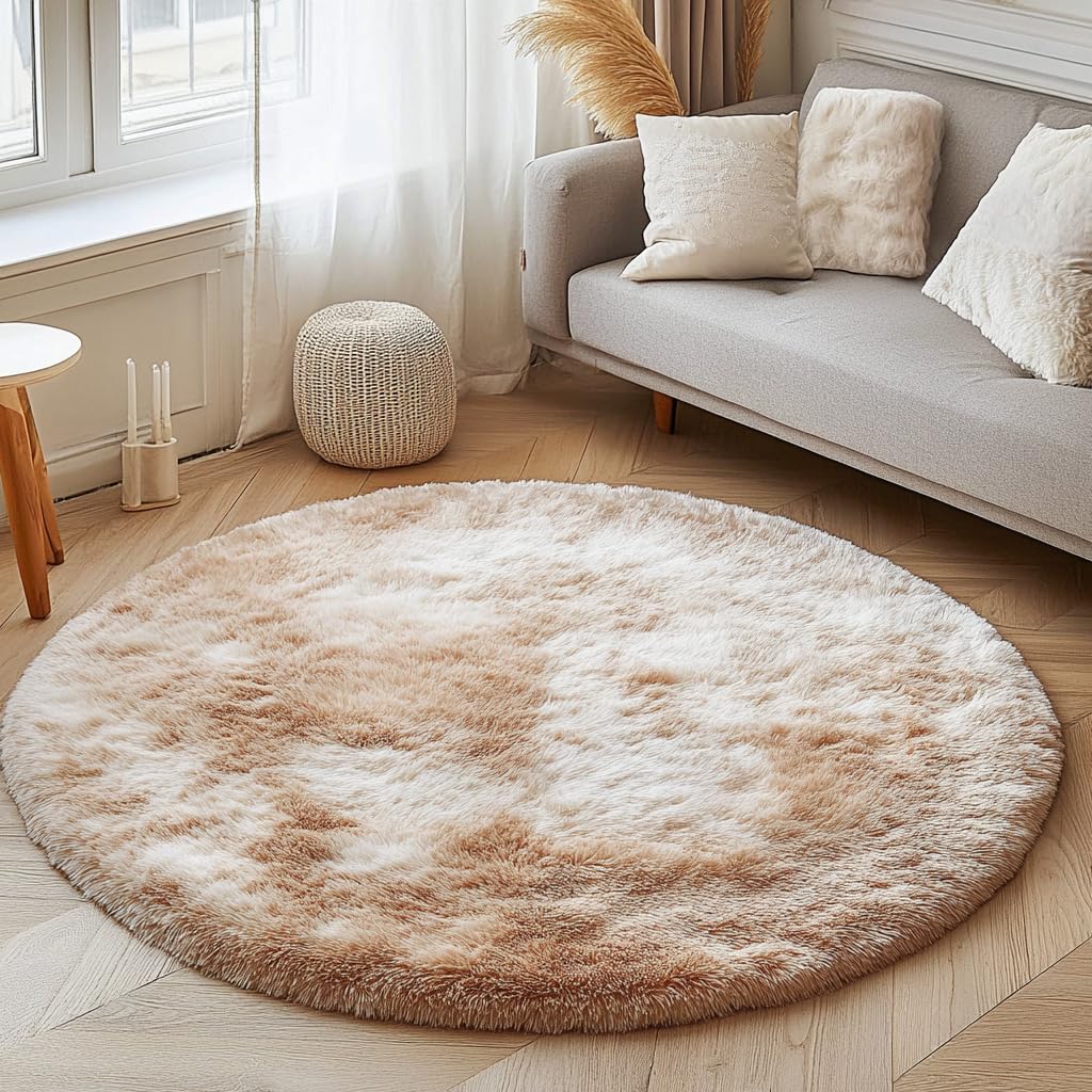 Tenekee Round Rugs for Bedrooms Fluffy Living Room Circle Area Rug Soft Shaggy Carpet for Kids Room Floor Mat (Khahi white, 120cm)