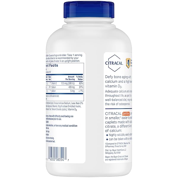 CITRACAL PETITES, 400 MG CALCIUM CITRATE, EASILY ABSORBED AND HIGHLY SOLUBLE WITH 12.5 MCG (500 IU) VITAMIN D3, BONE HEALTH SUPPORT FOR AGES 12+, SMALLER AND EASIER TO SWALLOW CAPLETS, 375 COUNT