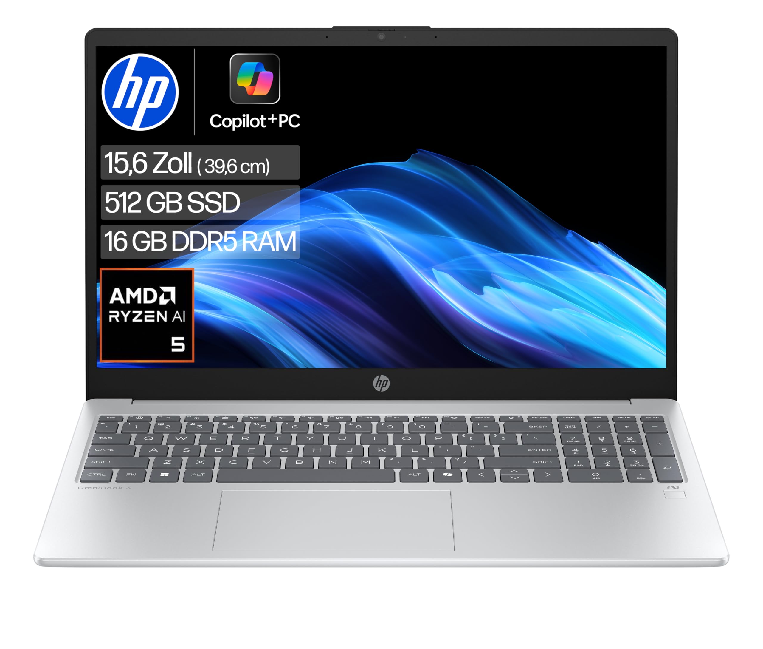 HP OmniBook 3 Next Gen AI PC 15-fn0523ng | Copilot+ PC | 15.6 Zoll FHD Display (1920 x 1080) | AMD Ryzen AI 5 330 (50 NPU-Tops) | 16GB RAM | 512GB SSD | QWERTZ Tastatur | Windows 11 Home | Silber