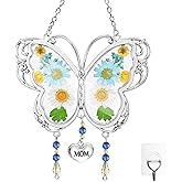 LARAINE Butterfly Suncatcher with Pressed Flower Wings Mom Mother's Day Butterfly Glass Wind Chime Ornament Charm with Metal Heart Gifts for Mom Grandma Aunt Birthday (Grandma, Blue)