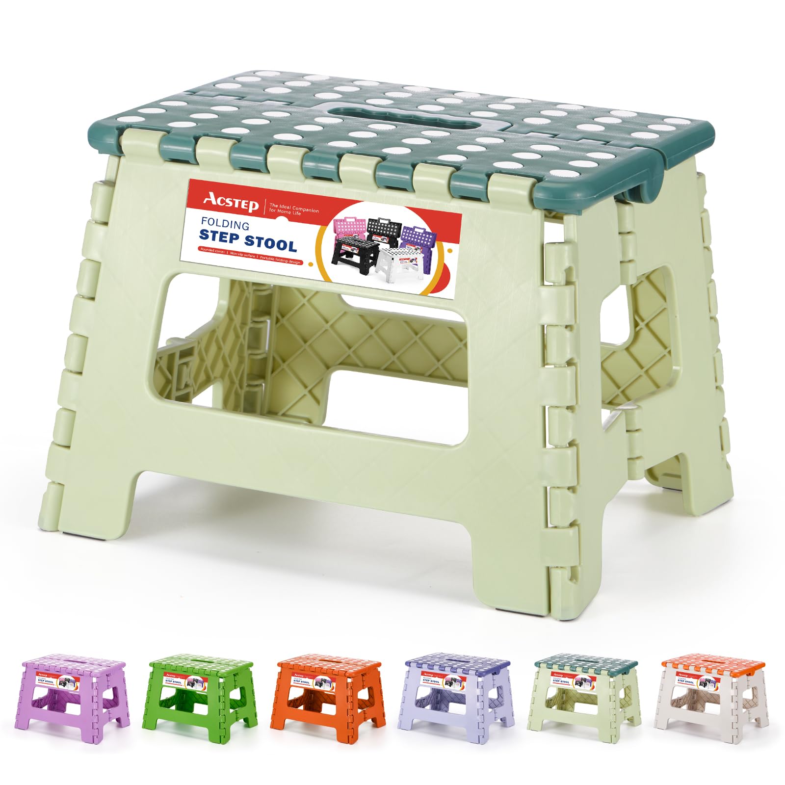 Photo 1 of ACSTEP 9 Inch Folding Step Stool 300 LB Capacity Plastic Foldable Step Stools for Kids and Adults, Folding Stool Suitable for Kitchen, Stepping Stool with Handle Bicolor Green Small Step Stool 1PC