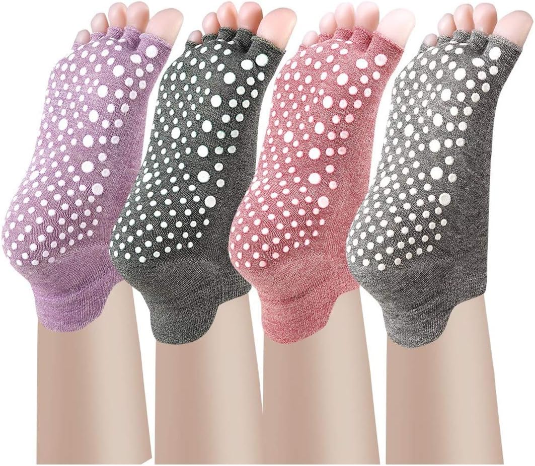 BESIXER 4 Pairs Women Girls Anti-Slip Five Toe Yoga Pilates Socks Non Slip Skid Barre Sock with Grips