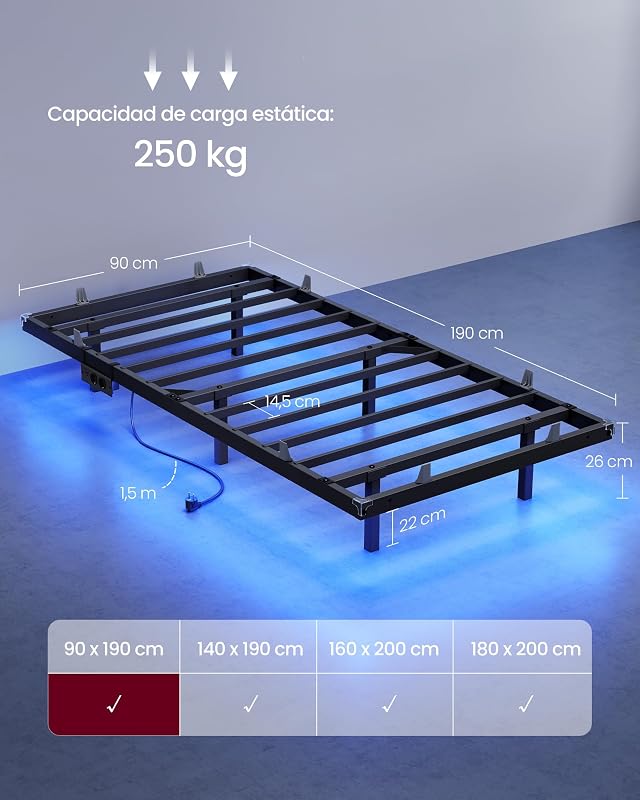 Estrutura da cama 90 x 190 cm, luzes LED, estação de carregamento removível, 2 tomadas AC, 1 porta USB-C, 1 porta USB-A, 1 polegada traseira, suporta até 250 kg, tinta preta RMB171B101