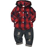 ODIMAME Toddler Baby Boy Fall Winter Clothes Long Sleeve Plaid Hooded Sweatshirt Ripped Holes Jeans Set 1-5 Years Old
