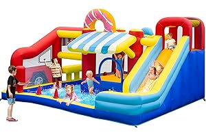 VIVOHOME 9 in 1 Bounce House for Kids, Market Theme Inflatable Bouncy Castle with Slide, 13x11 FT Inflated Bouncer for Outdoor with Blower, Basketball, Climb, Jump Area, Ball, Water Pool, Hoop