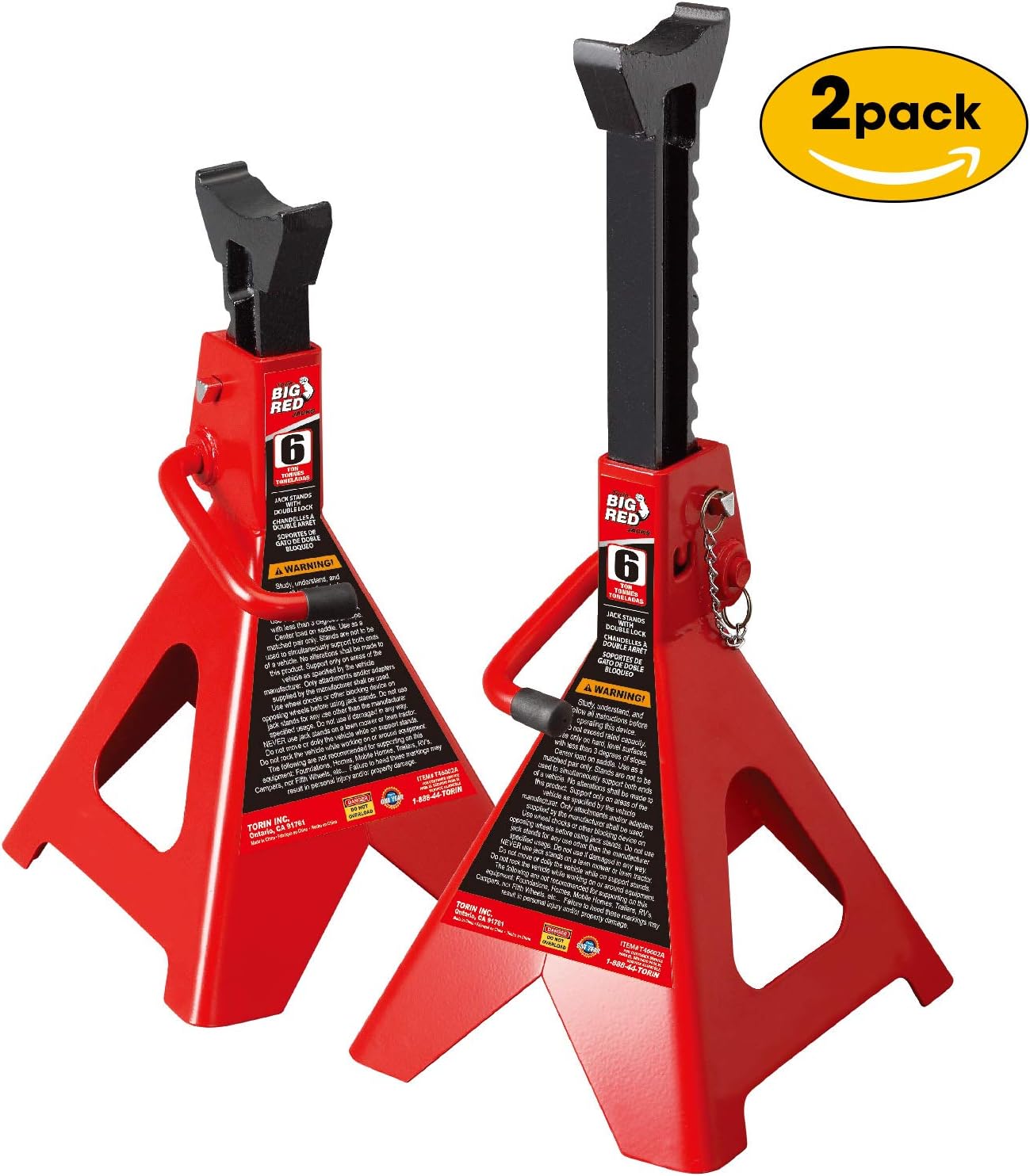 BIG RED T46002A Torin Steel Jack Stands: Double Locking, 6 Ton (12,000 lb) Capacity, Red, 1 Pair: Automotive