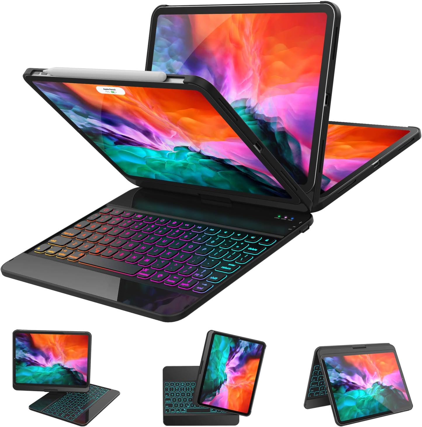 Keyboard Case for iPad Pro 11'' 2020/2018 (1st/2nd Generation) - 17 Colors Backlit Keys 360 Rotatable - Auto Sleep/Wake iPad Pro 11 inch Keyboard Case Compatible with Apple Pencil (Black, One-Piece)