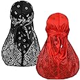 UNAOIWN 2 Pack Silky Durag Caps Elastic Headwrap Cap with Long Tail for Men&Women Hair Waves