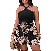 BEAUDRM Women's 2 Piece Outfit Plus Size Sleeveless Knitted Camis and Tropical Print Shorts Set