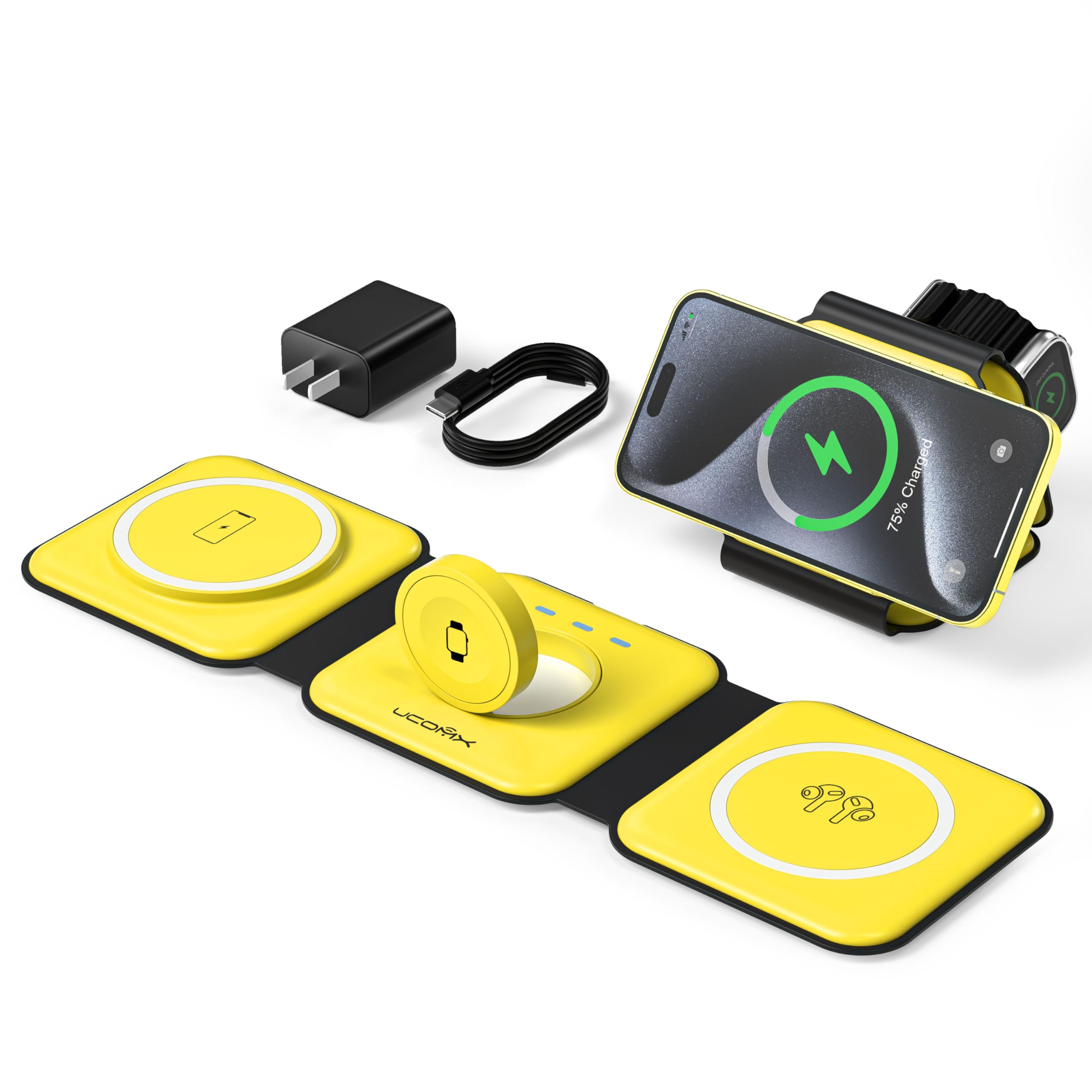 UCOMX 3 in 1 Charging Station for Multple Devices,Foldable 3 in 1 Wireless Charger for Travel,Nano Wireless Charging Station for iPhone16 15 14 13 12 Pro Max/Watch 10 9 8 7 6 5 4 3 Ultra/AirPod Pro