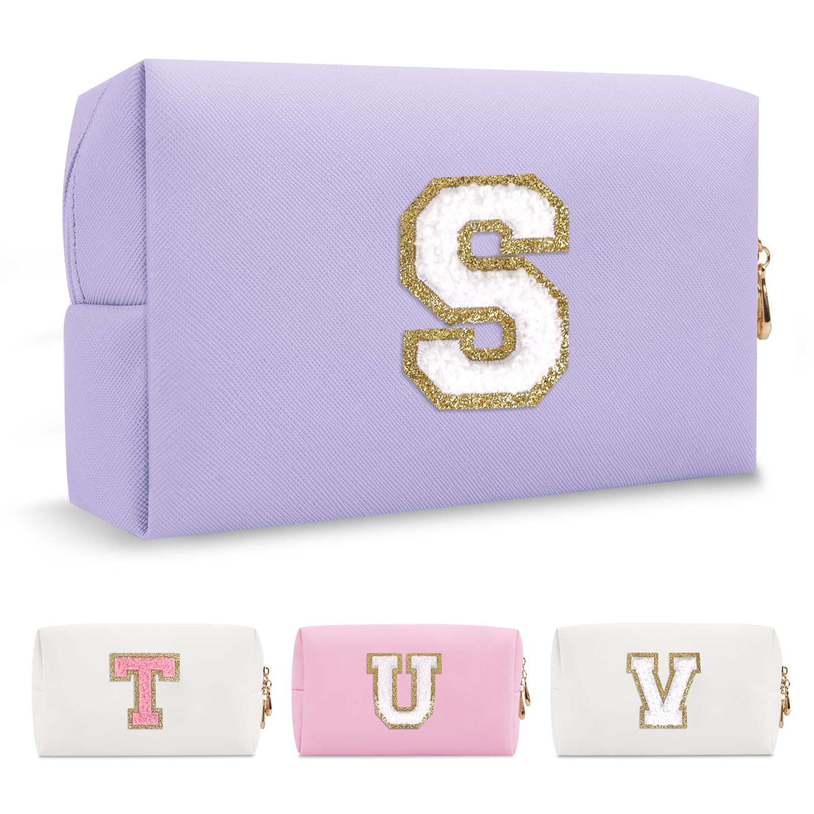 Photo 1 of Personalized Makeup Bag Initial A-Z Preppy Patch Bag,Small PU Leather Travel Cosmetic Bag Pouch with Zipper,Purple Cute Toiletry Bag,Gift Ideal for Teen Girls Women Birthday Friend Mom,Latter S