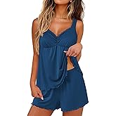 Ekouaer Womens Pajama Sets 2 Piece Cute Pj Set Lace V Neck Tank Top and Shorts Sleepwear Soft Sexy Lingerie Bridal Nightwear
