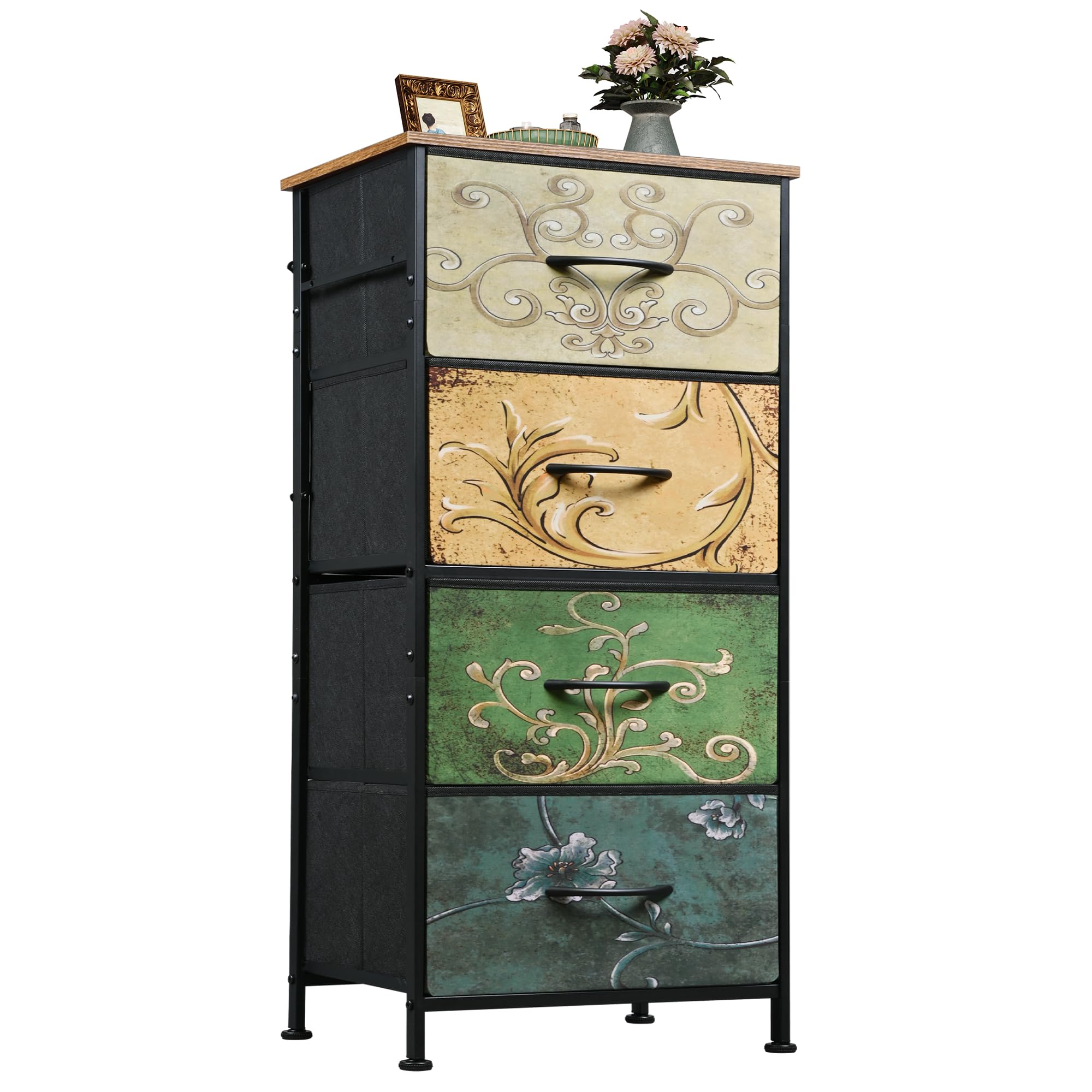 Photo 1 of WLIVE Dresser with 4 Drawers, Storage Tower, Organizer Unit, Fabric Dresser for Bedroom, Hallway, Entryway, Closets, Vintage Furniture with Sturdy Steel Frame, Wood Top, Pull Handle, Floral Painted