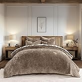 EVERGRACE Velvet Quilt Set Queen Size, Luxurious Soft Striped Channel Bedding Set, Lightweight Velvet Comforter for All Season, Oversized Bedspread Coverlet with 2 Matching Shams, Mocha Brown