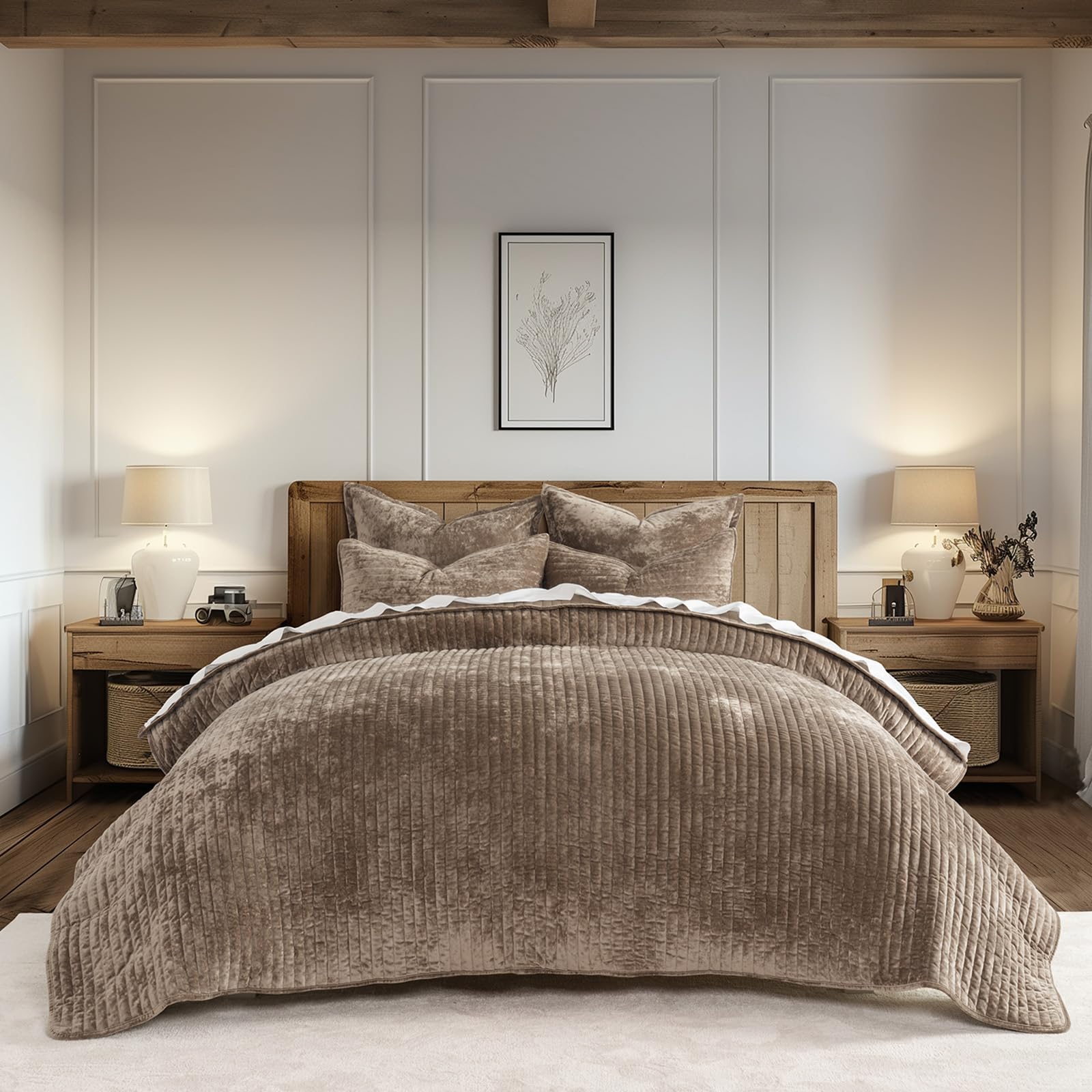 Photo 1 of EVERGRACE Velvet Quilt Set Queen Size, Luxurious Soft Striped Channel Bedding Set, Lightweight Velvet Comforter for All Season, Oversized Bedspread Coverlet with 2 Matching Shams, Mocha Brown