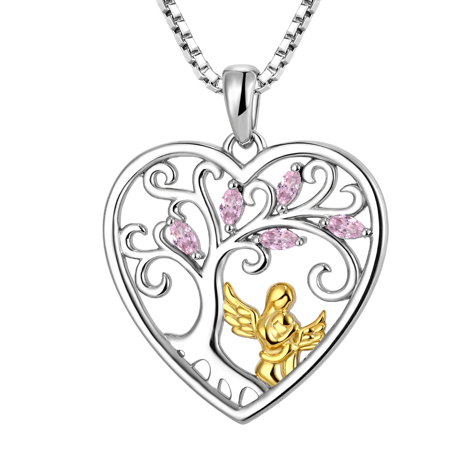FJ Heart Guardian Angel Necklace 925 Sterling Silver Tree of Life Pendant Necklace with October Birthstone Pink Tourmaline Jewellery for Women