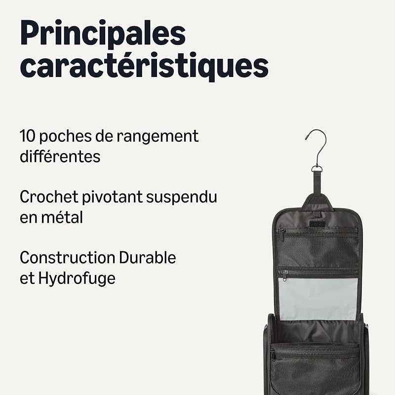 Trousse de Toilette de Voyage avec Crochet de Suspension – Trousse à Cosmétiques Portable, Grande Capacité, Range-Tout pour Cosmétiques et Articles de Toilette, 25,4cm, Noir
