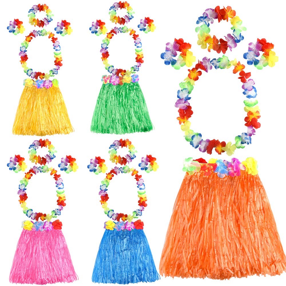 FEPITO Hawaiian Grass Hula Skirts Sets Include Flower Leis Necklace Headband Bracelets Luau Skirts Hawaii Costume Tropical Luau Birthday Party Supplies (5 Set)