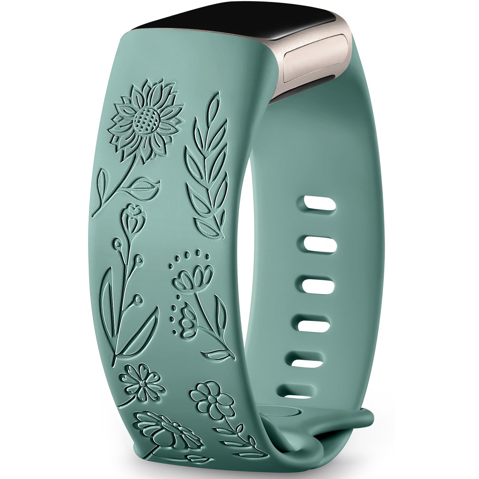 Epova Sunflower Engraved Strap Compatible with Fitbit Charge 6/5, Soft Silicone Replacement Band, Pinegreen