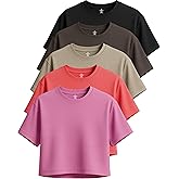 Real Essentials 5 Pack: Women's Dry-Fit Breeze Tech Crop Tops – Short Sleeve Athletic Workout, Yoga Tees (Available in Plus)