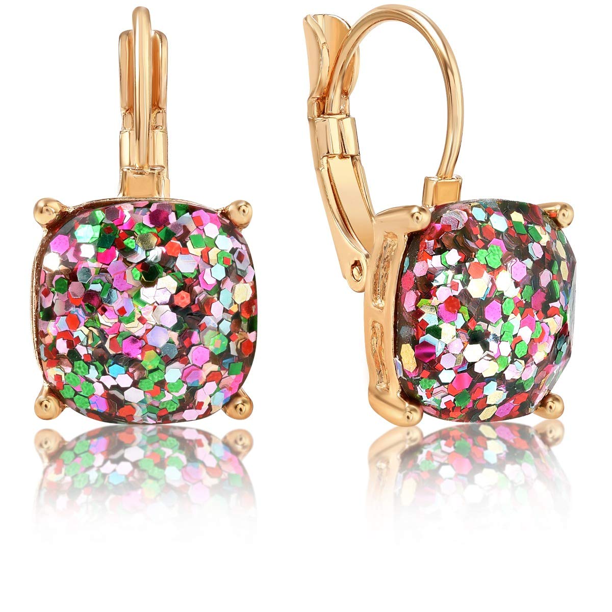 Humble Chic Faceted Square Glitter Stud Earrings for Women - Cushion Cut Statement Post Ear Studs - 4-Prong Set Big Rainbow Sparkly Jewels, Confetti - Lever Back, Multi-Color, Pride, Multicolor