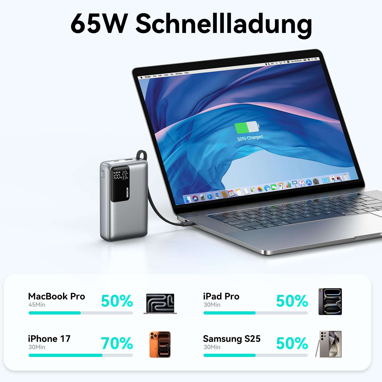 Power Bank, 65W 20000mAh Powerbank Schnellladefunktion USB C PD3.0 & QC4.0 Tragbarer Externer HandyAkkus mit LED Display, Kompatibel mit iPhone 17 16 15 14 Samsung Galaxy S25 S24 für Reisen, Camping 3