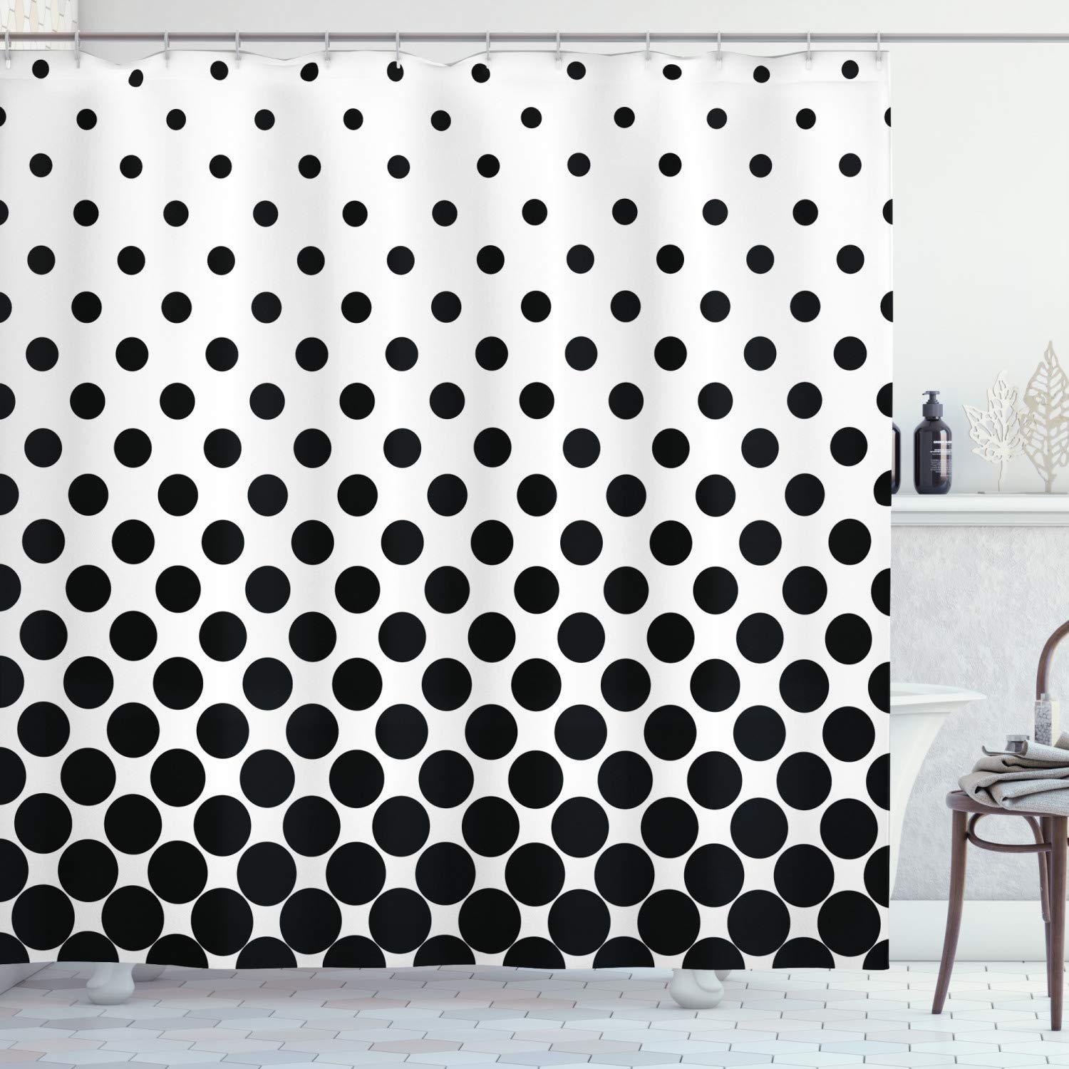 ABAKUHAUS White Shower Curtain, Minimalist Polka Dots, Cloth Fabric Bathroom Decor Set with Hooks, 78 Inches, White