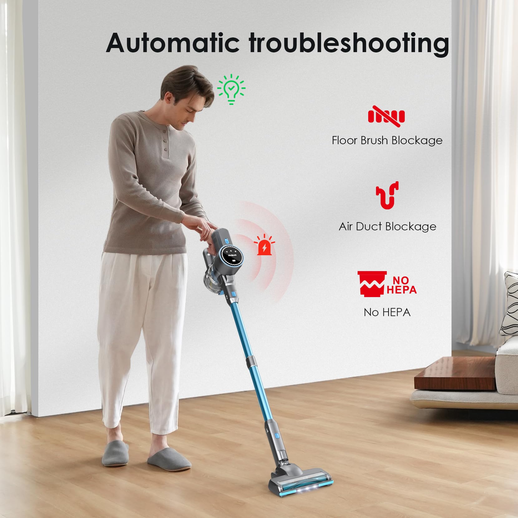 Oraimo Cordless Vacuum Cleaner, 45 Mins Max Runtime, Stick Vacuum 270W/ 24Kpa, LED Display with Battery Indicator, 3 Power Suction, Self-Standing, Anti-entangle Floor Brush (Grey)