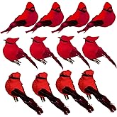 Cartanfill-Cardinal Clip On Christmas Tree Ornament Decorations, Set of 12, Red Feather Birds, 3 inches Long