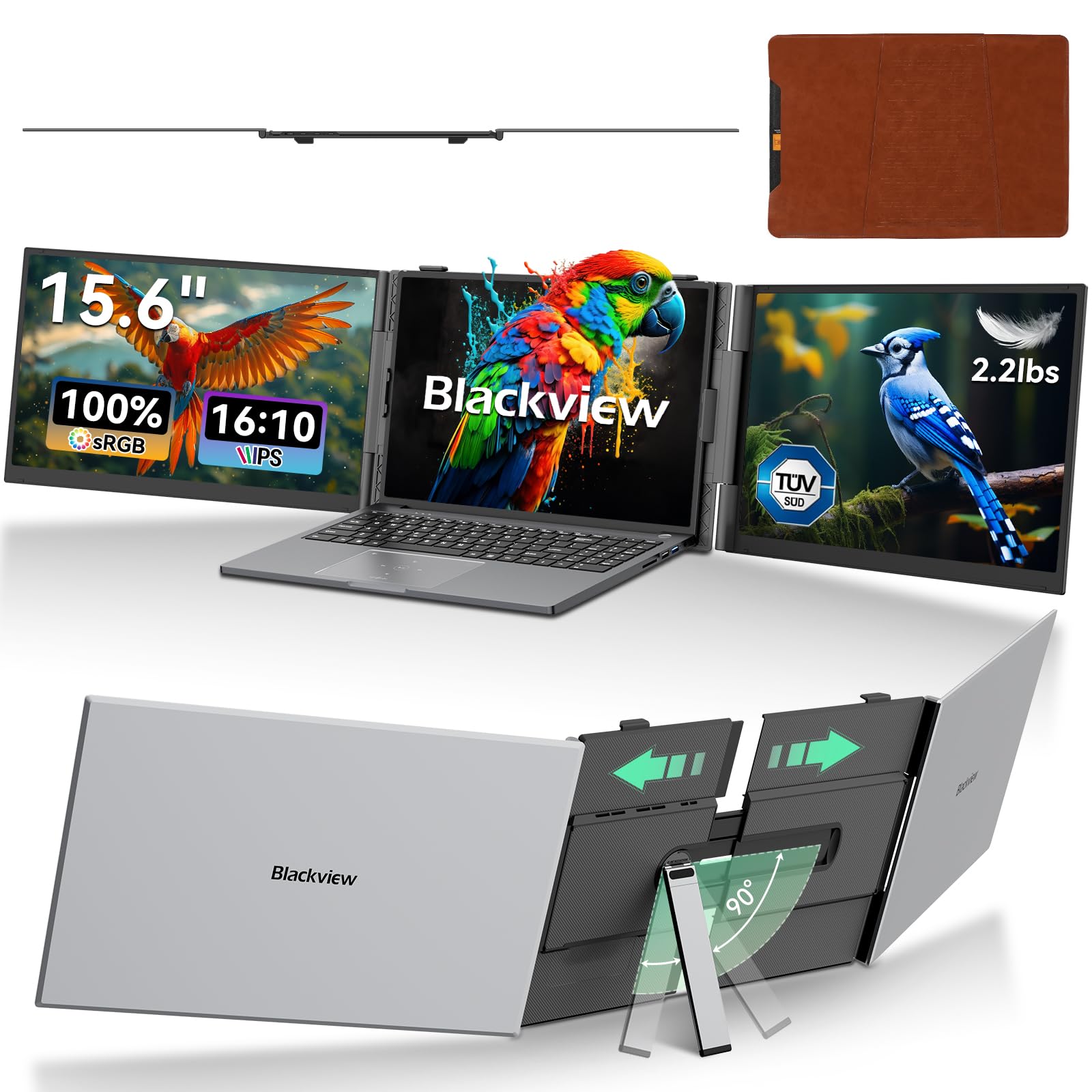 Blackview DCM8 Triple Laptop Screen Extender,15.6" 1080P FHD IPS Portable External Screen,Two Cable USB C Travel for 14-17'' Laptop,Plug & Play Compatible with Windows/Mac/Chrome OS/Mobile Devices