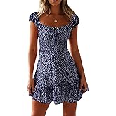 YOBECHO Womens Summer Sexy Sweetheart Collar Printed Ruffle Mini Dress
