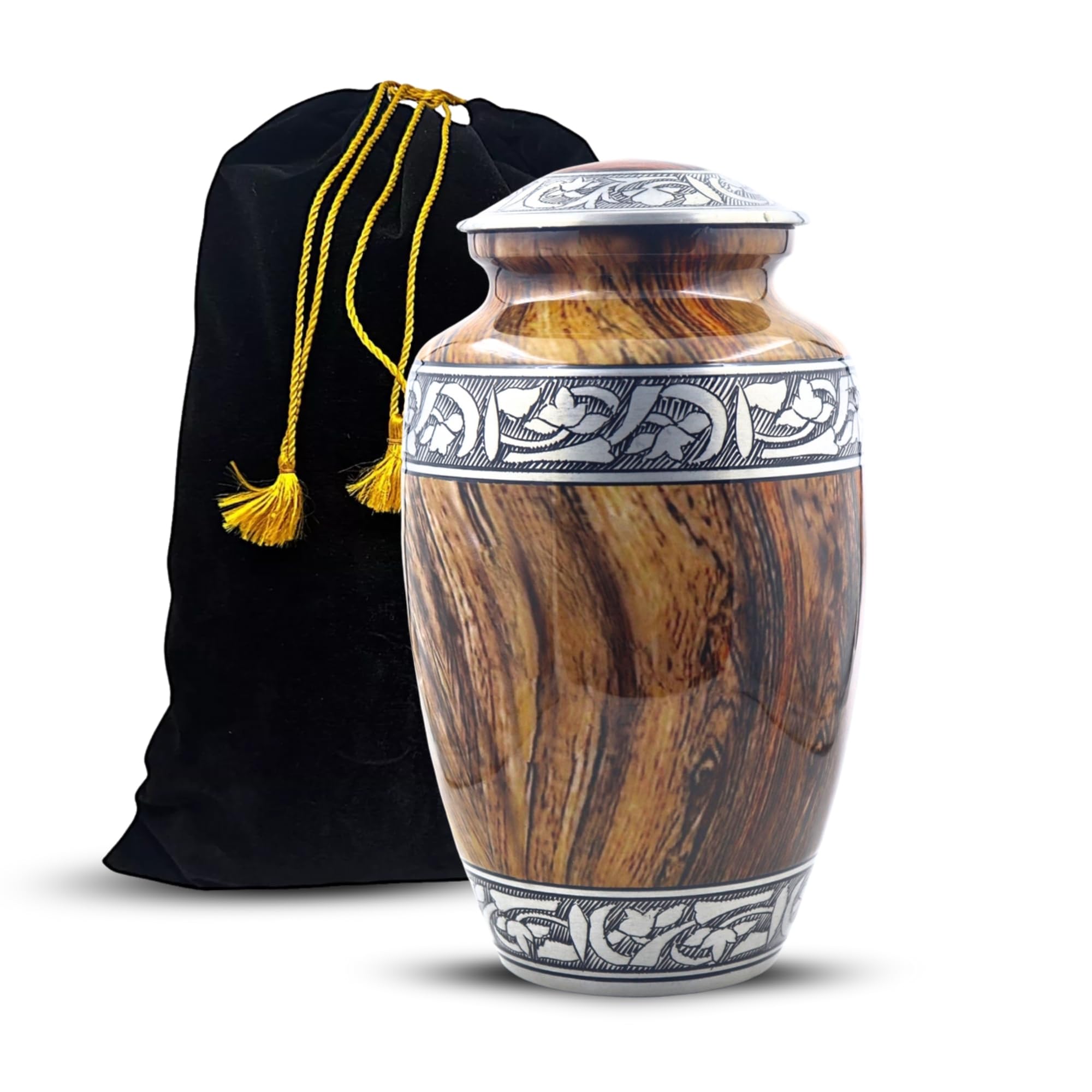 Silver Wood Print Engraved Cremation Urns for Human Ashes - Decorative Funeral Urn for Adult Men & Women | Large Memorial Funeral Burial Urns – Velvet Bag Included (200 Cubic Inches)
