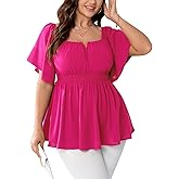 SCOMCHIC Womens Plus Size Peplum Tops Off The Shoulder Blouses Smocked Ruffle Babydoll Summer Top