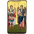 Wooden Greek Christian Orthodox Icon of Archangel Michael and Gabriel Handmade Solid Wood Religious Icon A0 9x7cm / 3.5inx2.7