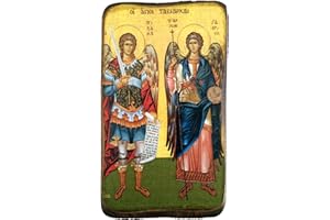 Wooden Greek Christian Orthodox Icon of Archangel Michael and Gabriel Handmade Solid Wood Religious Icon A0 9x7cm / 3.5inx2.7