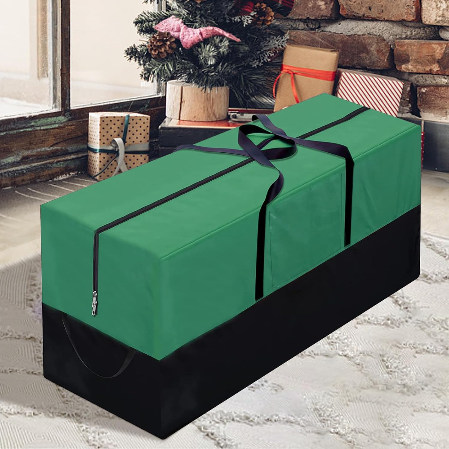 Holiday Décor Storage - Christmas Tree Storage Bag, Fits Up 10 Ft Tall Artificial Trees-Heavy Duty Holiday Storage Box with Durable Reinforced Handles & Zipper & Transparent Pocket- 600D Oxford Tree Storage Container, Green