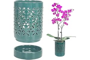 pavtner Ceramic Orchid Pot 4 Inch, Orchid Pots with Holes, Plant Pot for Repotting, Flower Planter Pot Indoor Outdoor, Breathable Slotted Orchids Planter Green