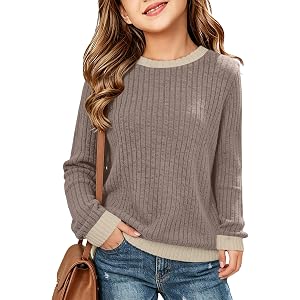 Humordream Girls Long Sleeve Shirts Kids Lightweight Sweaters Ribbed Knit Crewneck Color Block Fall Clothes 5-14 Years