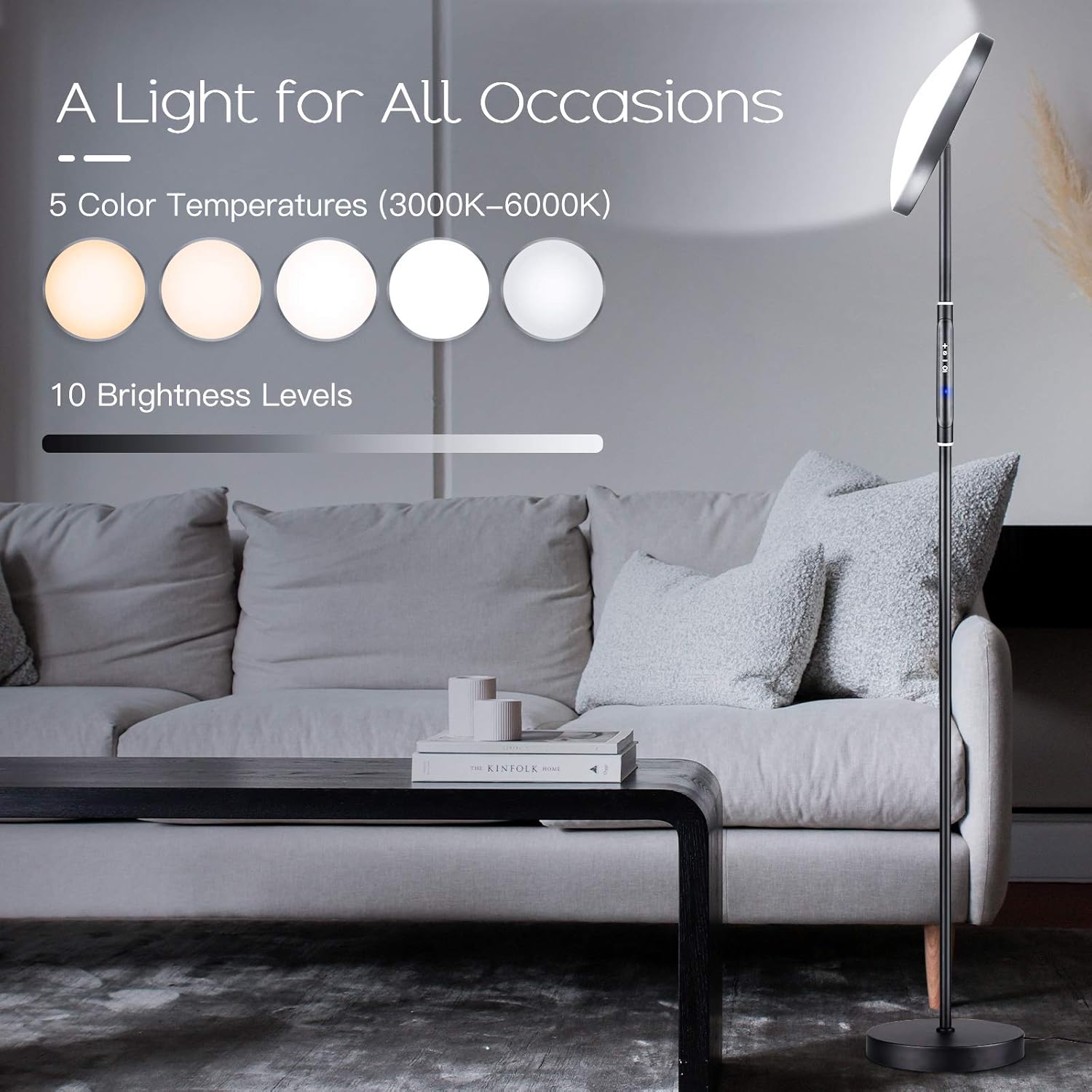 Floor Lamp, Colorsmoon 2200LM Super Bright Sky LED Torchiere, 5 Color Temperature Dimmable Tall Standing Light with Remote Control for Living Room, Bedroom, Office (Black) - - 