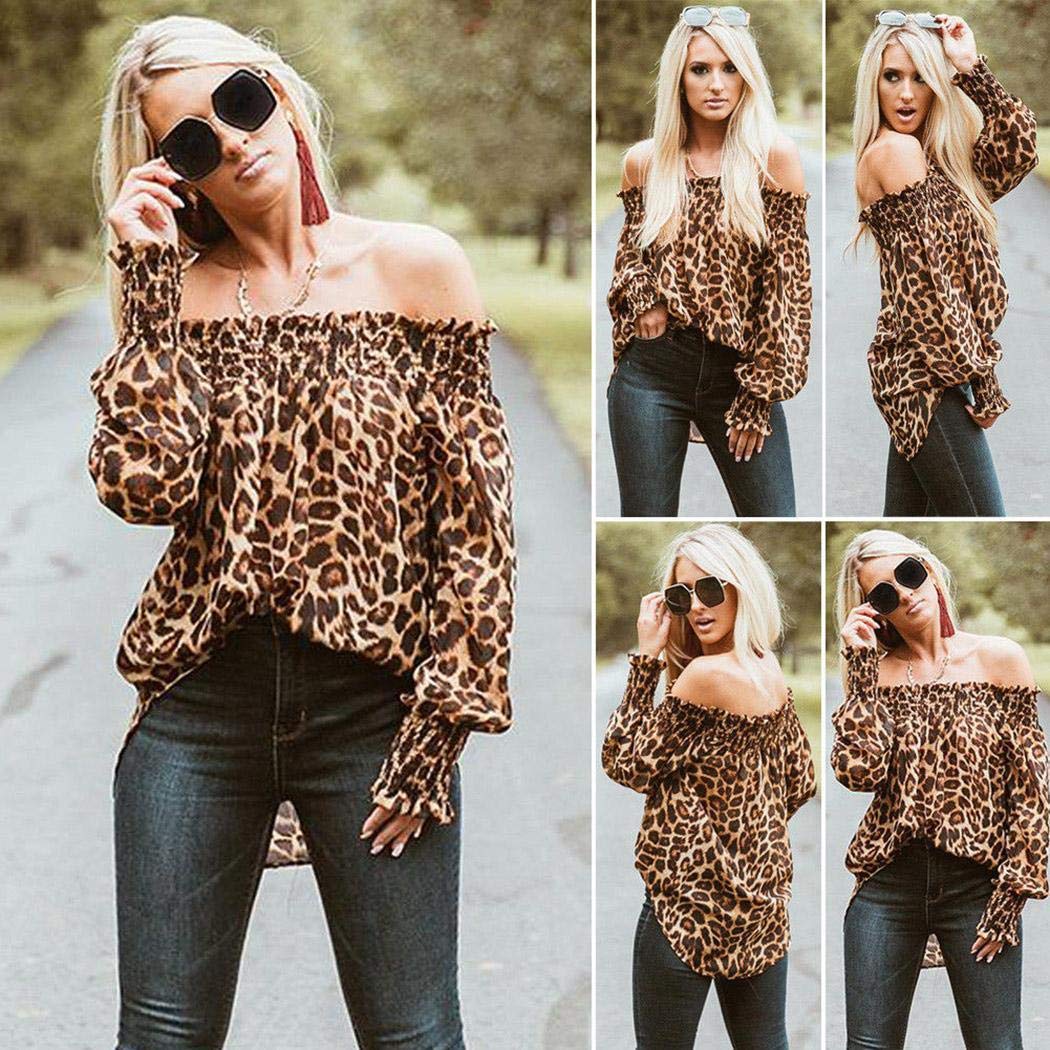 BiuKen Women Casual Slash Neck Long Sleeve Leopard Print Pullover Off-Shuolder T-Shirt Knits & Tees
